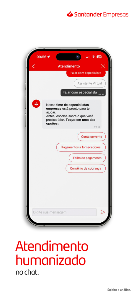Santander Empresas - Interfaz de la app Santander Empresas mostrando un chat de atención al cliente con opciones de soporte bancario para empresas.