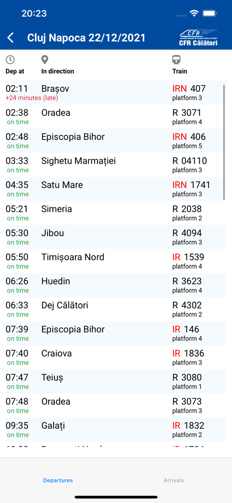 CFR Călători bilete online - A aplicação CFR Calatori mostrando partidas e horários de comboio em tempo real a partir da estação de Cluj Napoca.