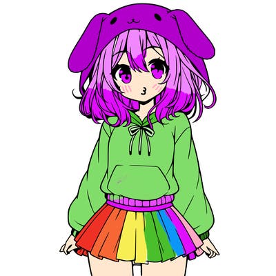 pretty anime girl wearing a fluffy hoodie with bunny ears on the hood and a skirt