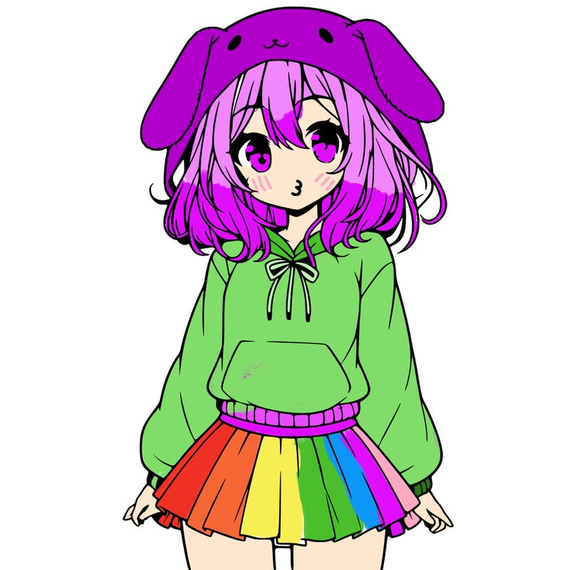 pretty anime girl wearing a fluffy hoodie with bunny ears on the hood and a skirt