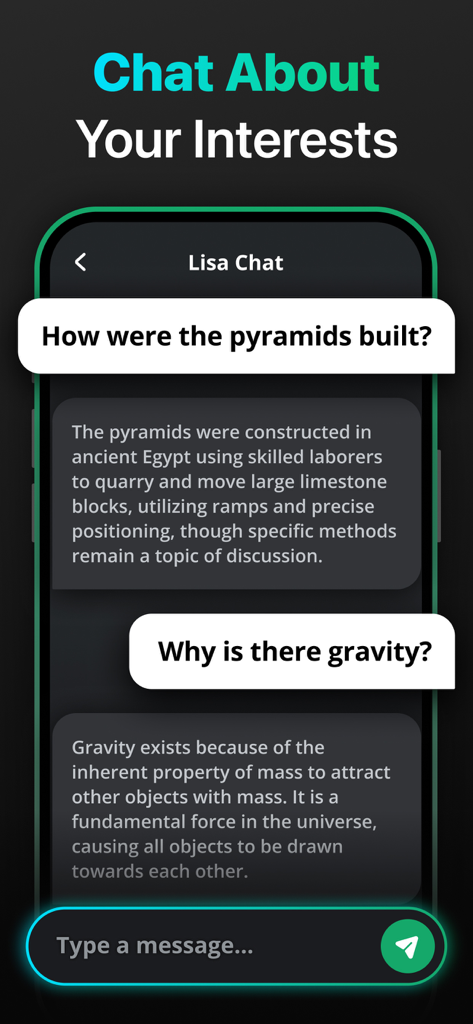 Lisa Chat AI Bot interface showing a conversation about history and science topics