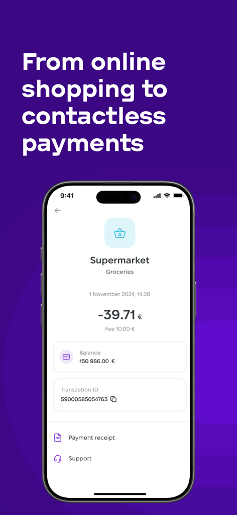 NovaPay: Payment Systems - NovaPay app screen displaying a grocery payment receipt in Euros with balance and transaction ID information.
