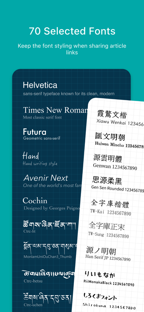 Zine - Enjoy Writing - Interfaccia dell'app Zine che mostra un elenco di settanta font selezionati per la composizione tipografica personalizzata degli articoli.