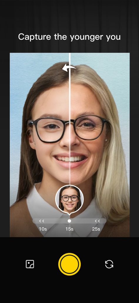 Aha Photo Lab - Tela dividida lado a lado mostrando o rosto de uma mulher antes e depois de um filtro de rejuvenescimento com IA