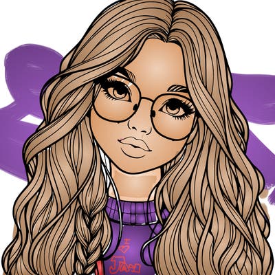 girl with long hair and freckles and glasses realistic