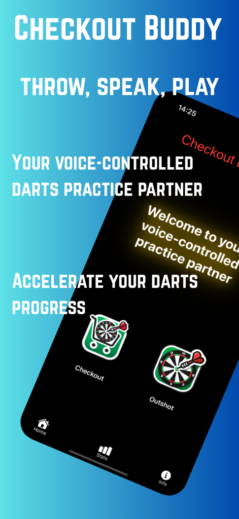 Checkout Buddy - Checkout Buddy app interface showing voice controlled darts practice options for checkout and outshot modes
