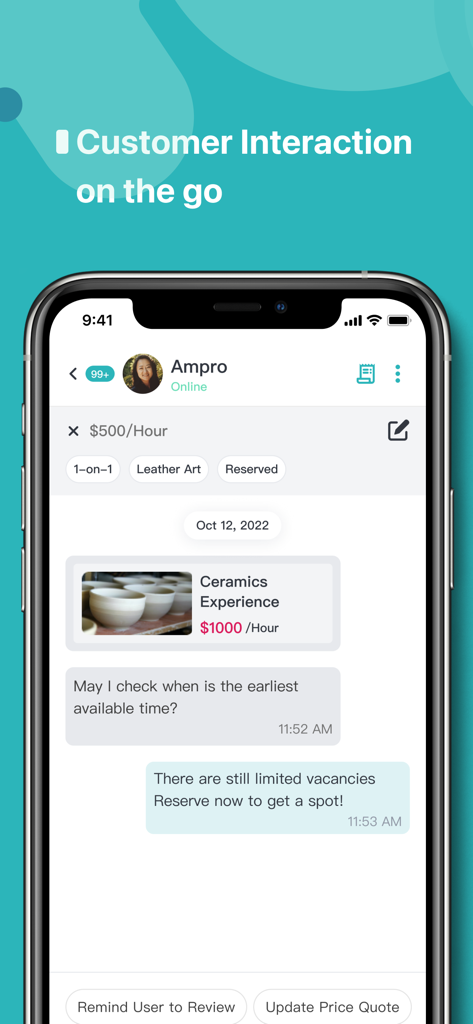 HelloToby Pro - HelloToby Pro mobile app screen showing a professional chatting with a customer about a ceramics service booking