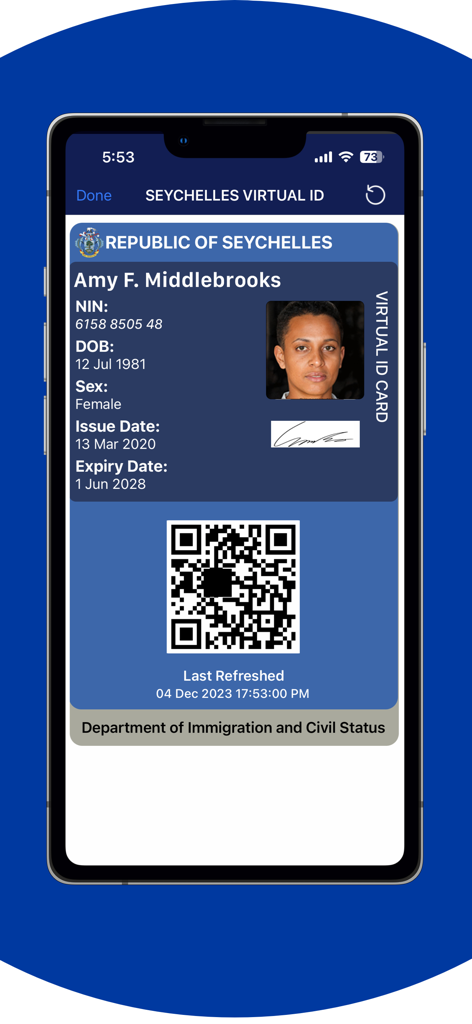A mobile phone screen showing a Seychelles Virtual ID card with a QR code and personal information in the SeyID app.