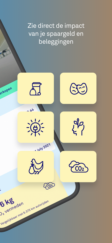 A mobile app screen showing the social and environmental impact of savings and investments with icons for CO2 reduction, renewable energy, and organic farming.