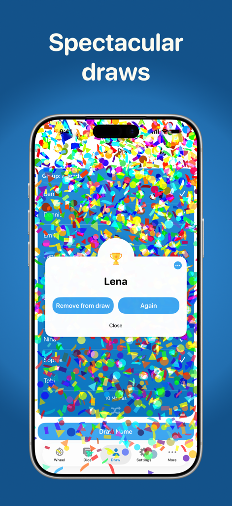 Random Generator Premium app showing a random name draw result for Lena with celebratory confetti and a trophy icon