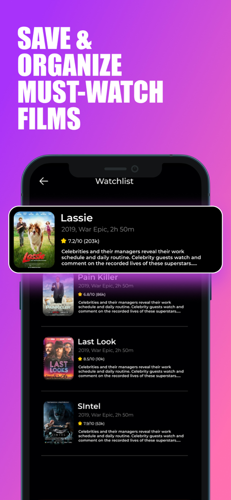 HITV PRO app watchlist interface showing saved and organized movies