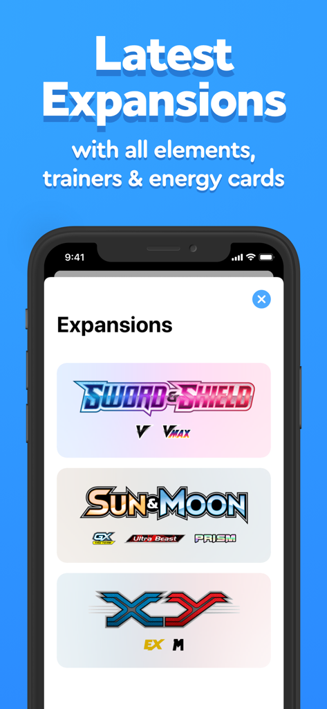 App screen showing available card expansions including Sword and Shield Sun and Moon and XY for custom card creation