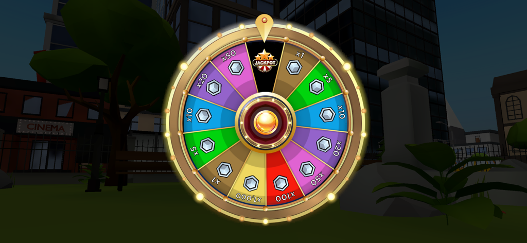 Blox World - Una colorida rueda de premios en la aplicación Blox World que muestra recompensas de diamantes y una ranura de jackpot