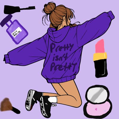 realistic girl jumping with a bun and oversized sweatshirt