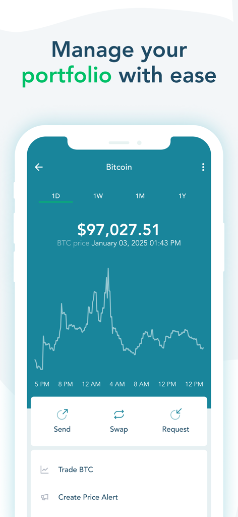LOBSTR Wallet: Buy Stellar XLM - LOBSTR App-Bildschirm mit einem Bitcoin-Preisdiagramm mit Sende-, Swap- und Anfrageoptionen