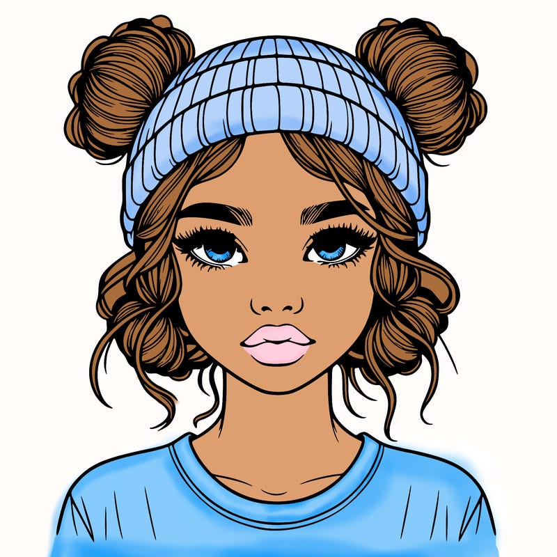 realistic girl with buns in her hair with a beanie on