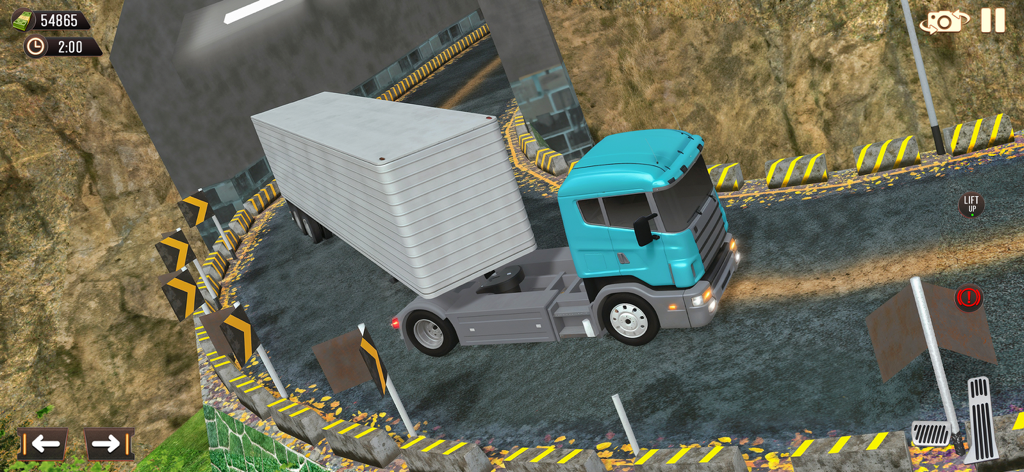 Cargo Transport Driving Truck - A blue cargo truck with a trailer navigating a sharp turn on a steep mountain road