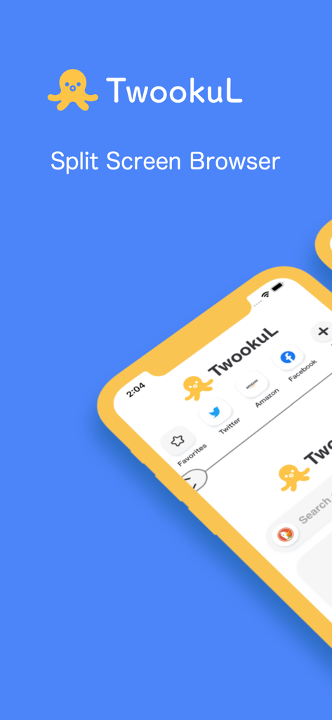 TwookuL - Split Screen Browser - Interface do navegador de tela dividida TwookuL em um iPhone com ícones de mídia social