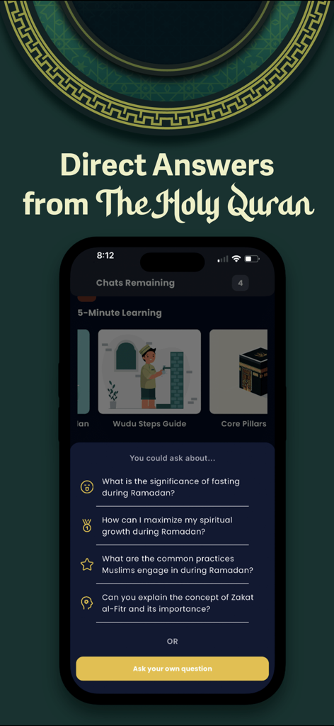 Quran Chat mobile app interface displaying AI guided questions and quick learning Islamic guides