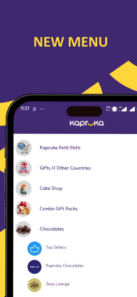New navigation menu of the Kapruka mobile app showing shopping categories for gifting to Sri Lanka