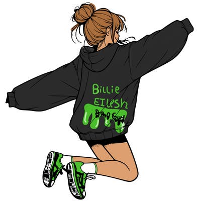realistic girl jumping with a bun and oversized sweatshirt