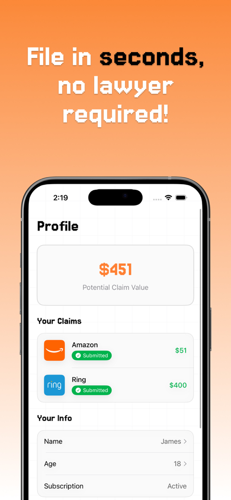 OweYou - Money That's Yours - OweYouアプリのプロフィールページには、潜在的な請求額と提出済みの集団訴訟和解金が表示されています