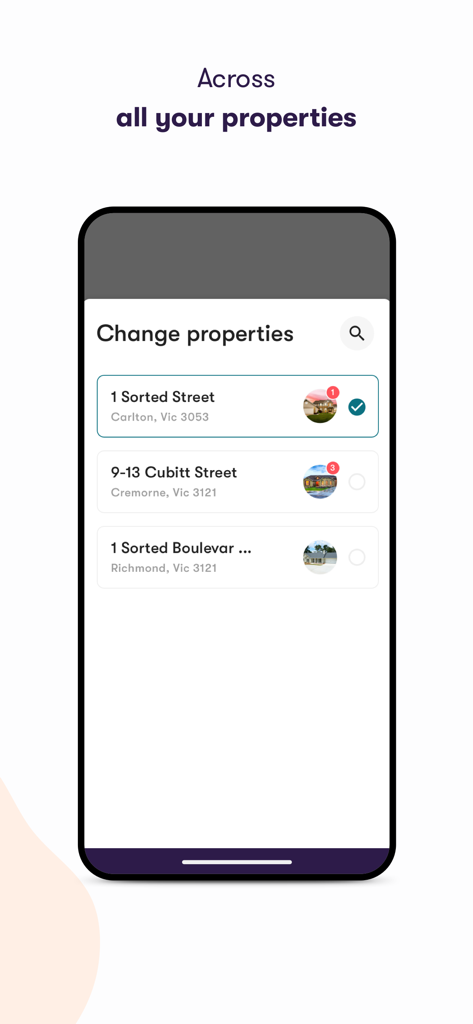 Sorted App-Oberfläche, die eine Liste verwalteter Mietobjekte auf einem Mobiltelefon anzeigt.