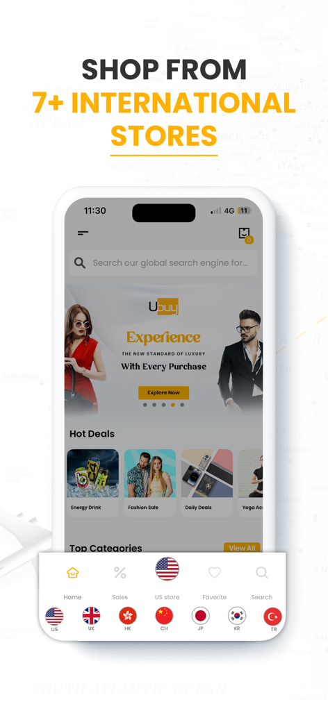 Ubuy mobile app screen showing international stores and hot deals