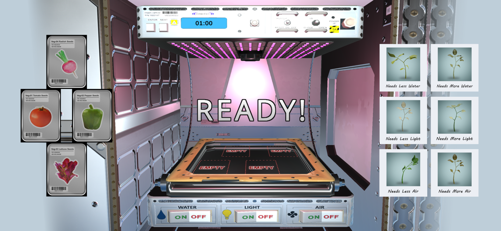 NASA Science: Plant Growth - A plant growth experiment interface in the NASA Science app featuring seeds and climate controls