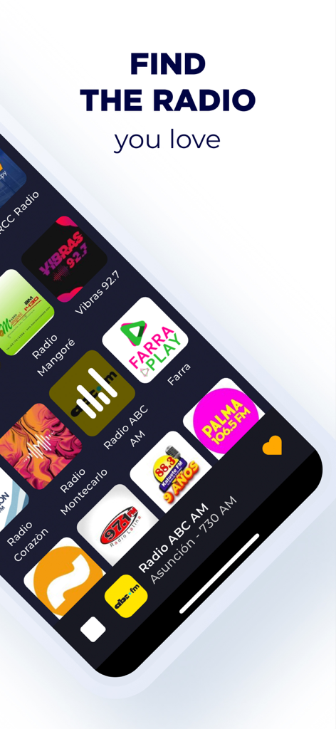 Radio Paraguay - Live FM & AM - Mobile app interface showing a grid of various Paraguayan radio station logos under the text Find The Radio You Love.