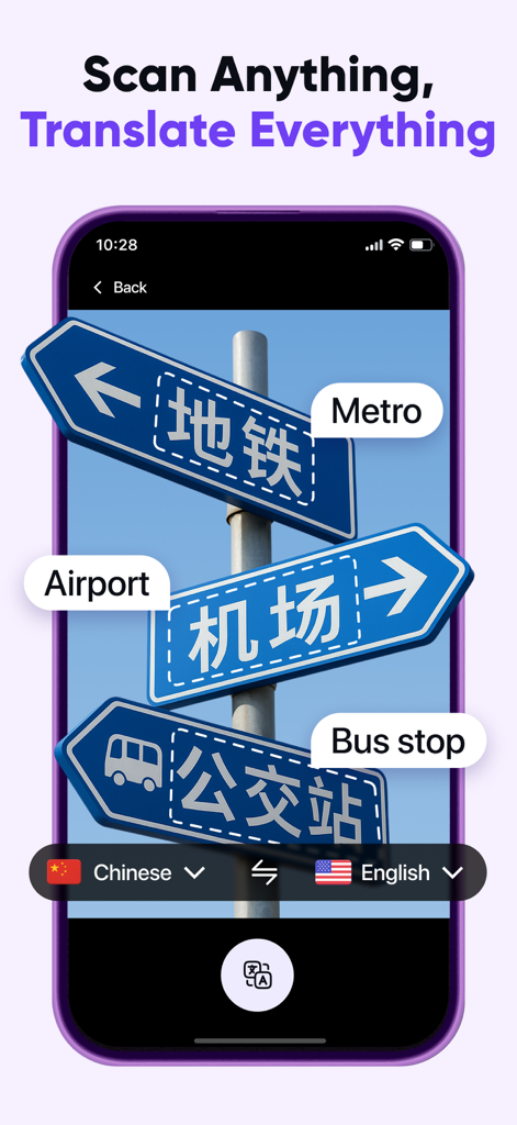 AI Translator: Voice & Photos - AI Translator app scanning and translating Chinese road signs into English using the camera