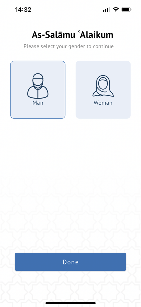 Gender selection interface for the NamazStart prayer guide app featuring icons for man and woman