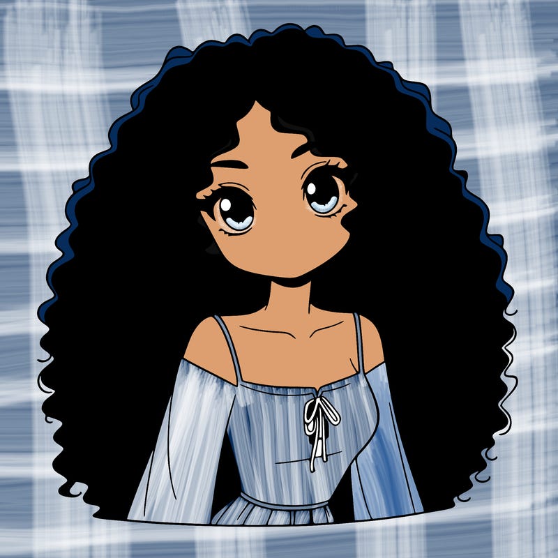a black anime girl with long afro hair