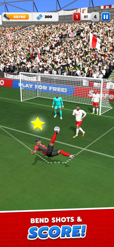 Score! Hero - Ein Fußballspieler vollführt einen akrobatischen Fallrückzieher, um in Score! Hero ein Tor zu erzielen.