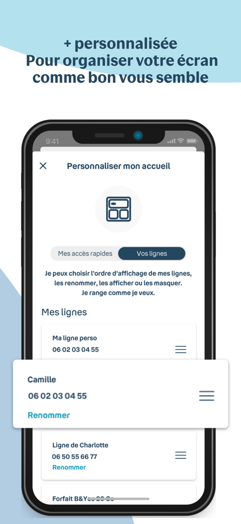 Bouygues Telecom - Oberfläche der Bouygues Telecom-App, die den Personalisierungsbildschirm zum Organisieren und Umbenennen mehrerer Mobiltelefonleitungen anzeigt