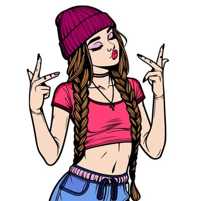 realistic teenage girl with braids and a beanie and crop top doing 🫶🏼