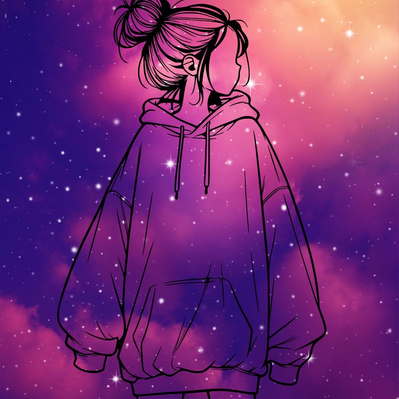 realistic girl with a oversized sweatshirt on and a bun