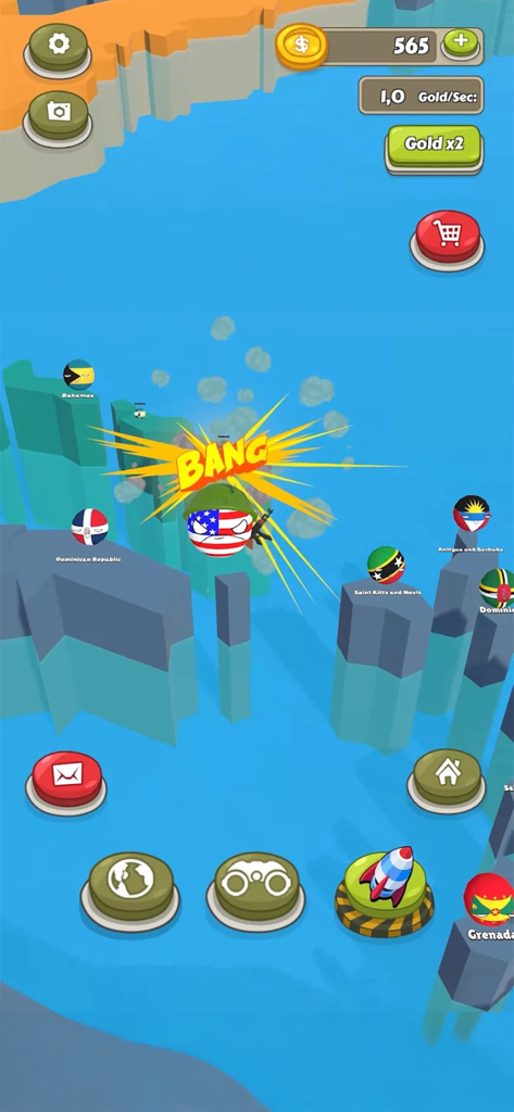Countryball de EE. UU. con casco militar atacando islas en un juego inactivo de mapa mundial 3D