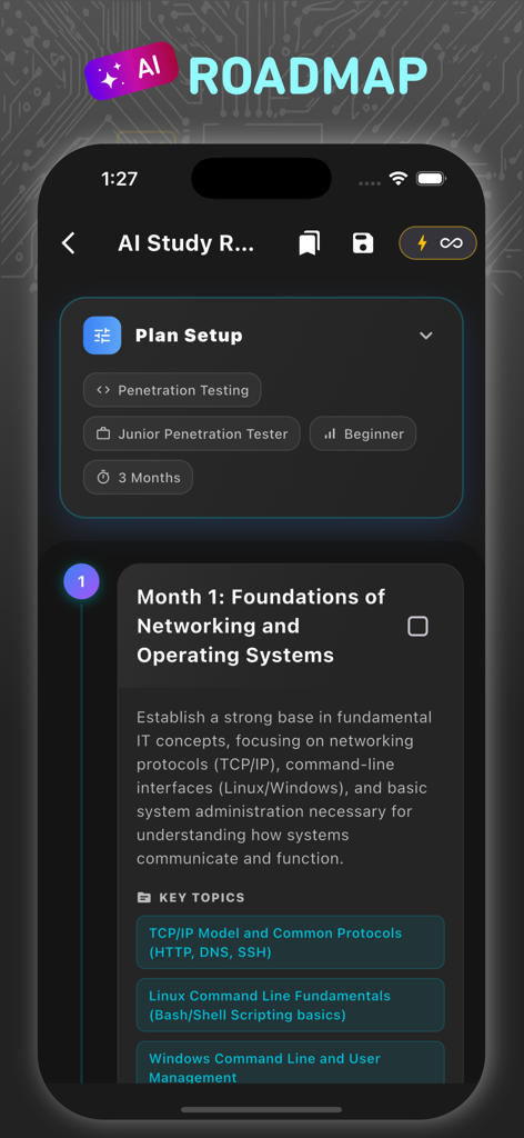 Cybersecurity Quiz App - An AI generated study roadmap for a junior penetration tester career path within the Cybersecurity Quiz App
