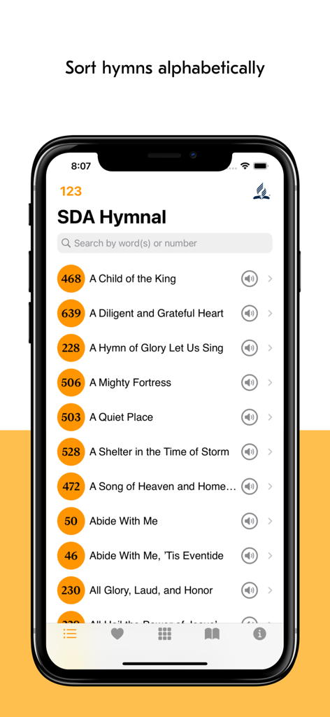 SDA Hymns - Smartphone screen showing an alphabetical list of Seventh Day Adventist hymns within the SDA Hymns app interface.