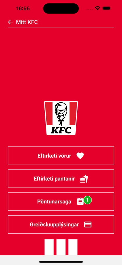 KFC Iceland - La pantalla de la cuenta de usuario Mi KFC en la aplicación móvil de KFC Islandia mostrando botones para productos favoritos, historial de pedidos e información de pago.
