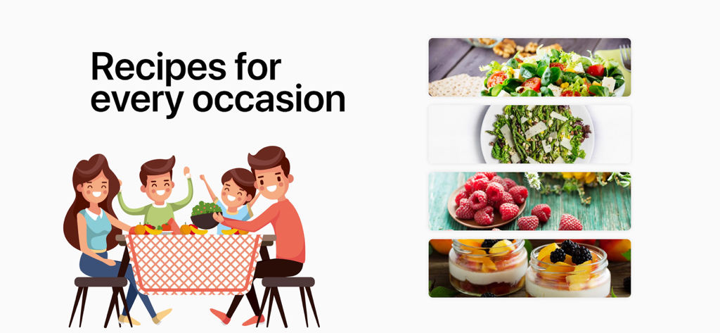 Diabetic Recipes-Meal Planner - Familia feliz disfrutando de comidas saludables con varias fotos de comida apta para diabéticos