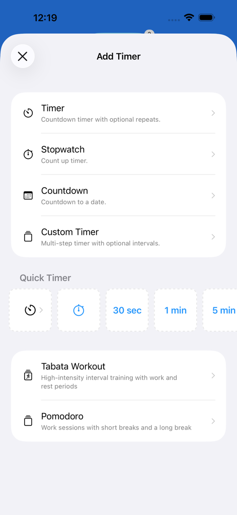 Menú Añadir Temporizador en la aplicación Timer plus mostrando opciones para cronómetros, temporizadores personalizados y preajustes de entrenamiento