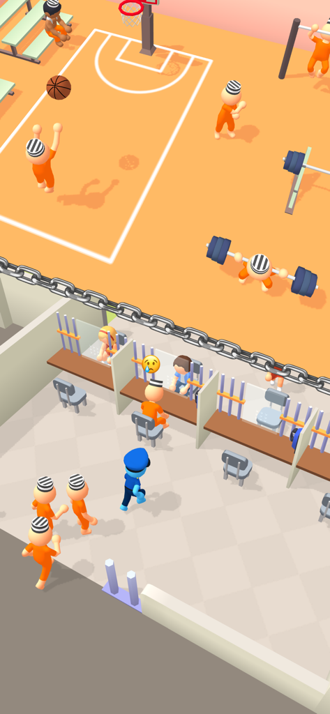 Prisioneiros jogando basquete e sentados na sala de visitas em Prison Life Idle Game