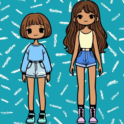short girl with short hair and tall girl with long hair