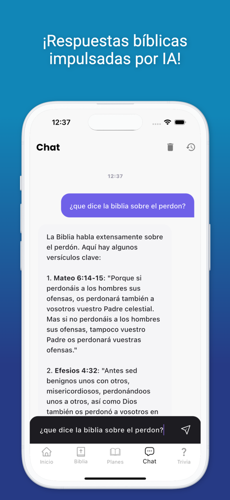 La Biblia Reina Valera 1960 IA - Interfaz de chat con inteligencia artificial de la Biblia Reina Valera respondiendo preguntas biblicas sobre el perdon