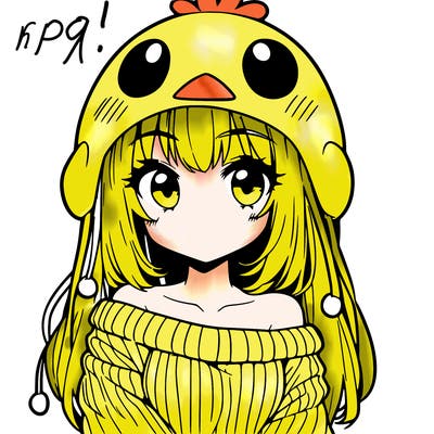 anime girl with chick shaped hat with sweater with bare shoulders with bangs covering them one eye with low tail