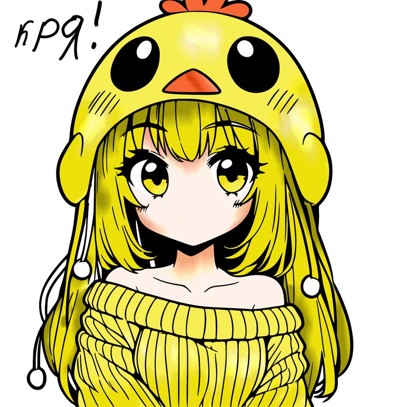 anime girl with chick shaped hat with sweater with bare shoulders with bangs covering them one eye with low tail