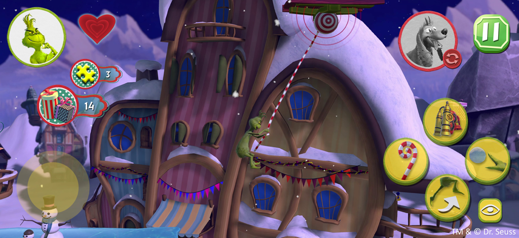 The Grinch - The Grinch character using a candy cane lasso to swing from a house in a snowy Whoville environment
