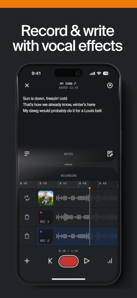 Offtop - Music Studio - Interface of the Offtop app showing a multi track recording session with lyrics and vocal waveforms